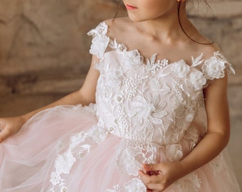 Flower girl dress lace, Ivory flower girl dress, Birthday dress, Communion dress, Tulle flower dress, Blush girl dress, Flower girl dress