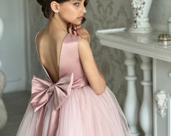 Flower girl dress dusty rose Satin flower dress Party dress Toddler dress Tutu girl dress Toddler dress Communion dress   Birthday dress