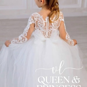 First communion lace girl dress Flower girl dress light ivory Tulle baby flower girl dress detachable long train Party girl dress Photoshoot