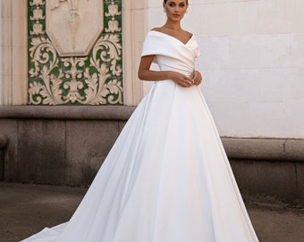 Off the shoulder wedding dress, Classic wedding dress, Ivory wedding dress, Satin wedding dress, Wedding dress with train