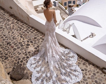 Lace wedding dress,  Mermaid wedding dress, Wedding dress with long train, Open back wedding dress, Ivory wedding dress