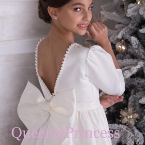 Ivory flower girl dress with pearls, Satin girl dress long sleeve, Detachable satin train, Party dress, Communion dress