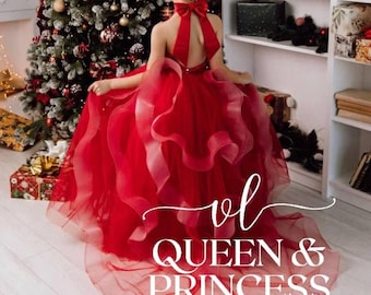 Halter neckline flower girl dress Red party girl dress Pageant dress Custom flower dress with train Tulle toddler girl dress open back