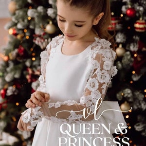 Communion baby girl dress ivory Satin flower girl dress A-line toddler girl dress with sleeves Lace flower dress classic Baptism girl dress
