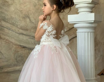 Flower girl dress, Lace flower girl dress, Blush flower girl dress, Tulle flower girl dress, Tutu girl dress, Wedding flower girl dress