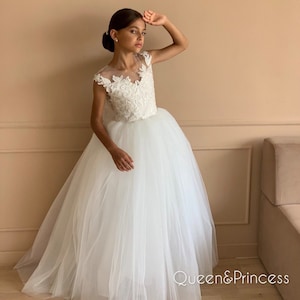 Lace flower girl dress Communion baby girl dress embroidered Tulle flower girl dress open back Baptism baby girl dress Rustic wedding dress
