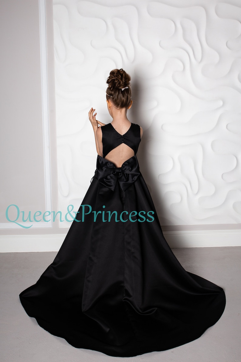 Black Satin Flower Girl Dress Flower Girl Dress With Train Etsy
