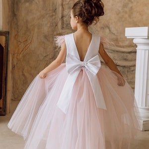 Flower girl dress, Blush flower dress, Tulle flower girl dress, Satin girl dress, Tutu girl dress, Feathers girl dress, Ivory flower dress