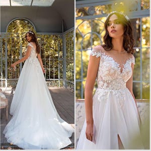 Tulle wedding dress Ivory wedding dress Long wedding dress Lace bridal gown Boho wedding dress Beach wedding dress A-line wedding dress
