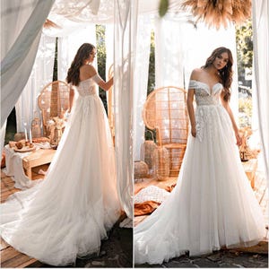 Lace wedding dress Bridal gown ivory Off the shoulder wedding dress A-line wedding dress with train Classic bridal gown Godet wedding dress
