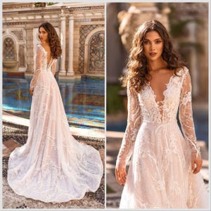 Long sleeve wedding dress, Wedding dress a-line, Lace bridal gown, Wedding dress with train, Ivory wedding gown, Long wedding dress