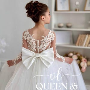 Baptism toddler girl dress with sleeves Tulle flower girl dress Tutu flower dress closed back First communion dress Special occasion gown