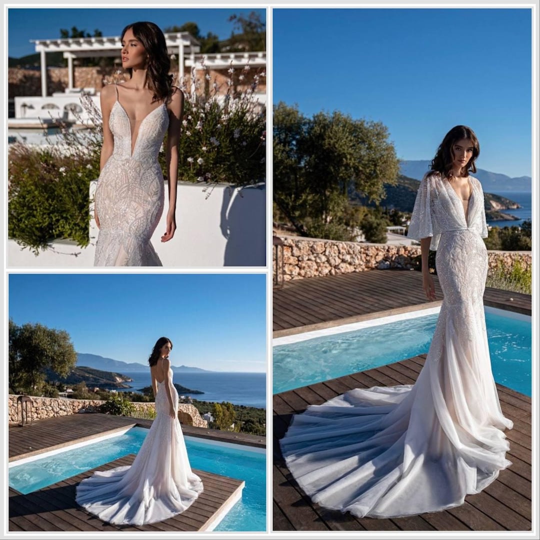 Elegant Deep V-Neck Wide Strap Mermaid Wedding Dress with Open Back Lace
