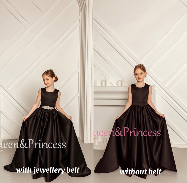 Black Satin Flower Girl Dress Flower Girl Dress With Train Etsy