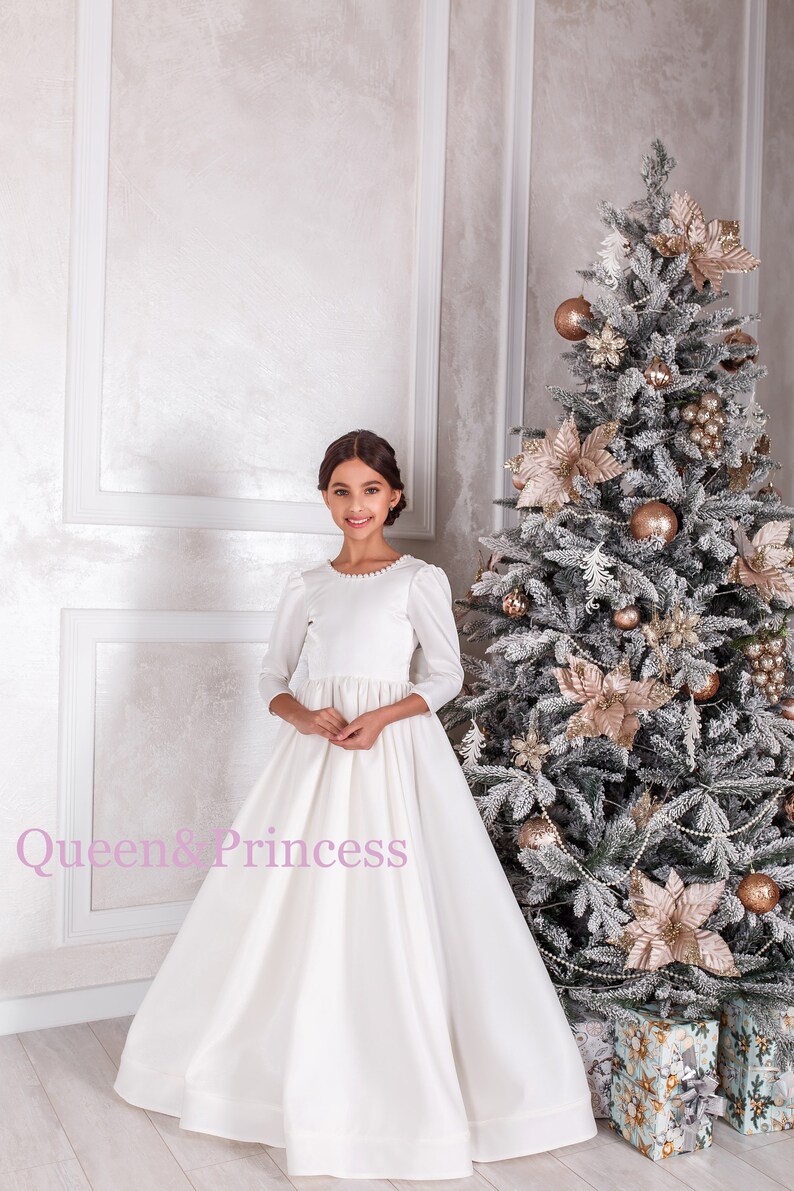 White Flower Girl Dress Flower Girl Dress Long Sleeve Flower Etsy