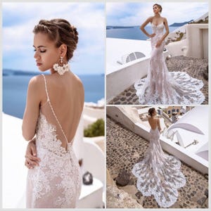 Lace wedding dress,  Mermaid wedding dress, Wedding dress with long train, Open back wedding dress, Ivory wedding dress