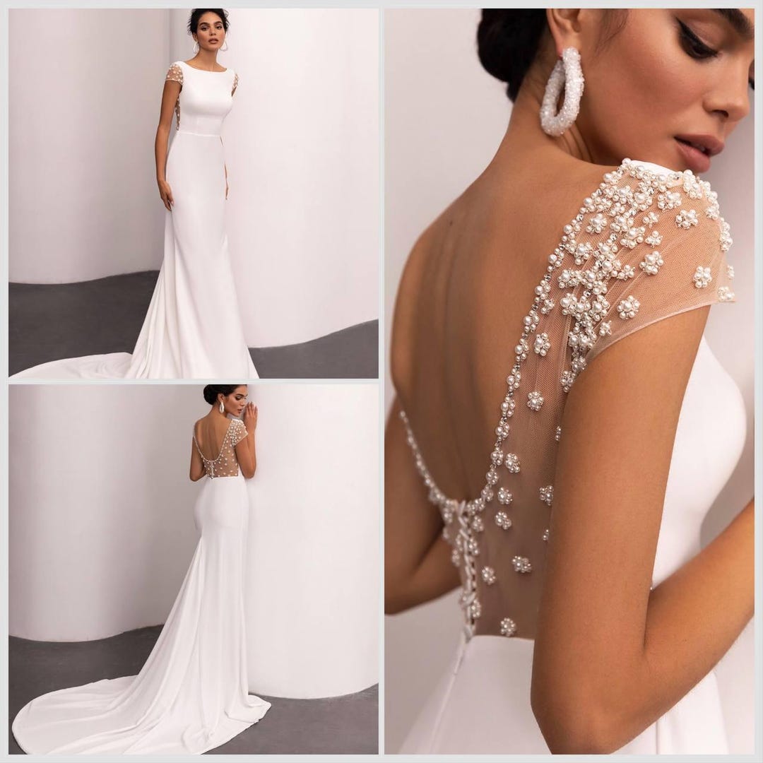 Satin Mermaid V Neck Open Back Simple Wedding Dresses With Bow, PW357