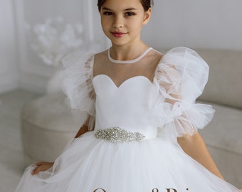 Tulle tutu white flower girl dress, Communion dress, Mini bride, Party dress, First birthday dress