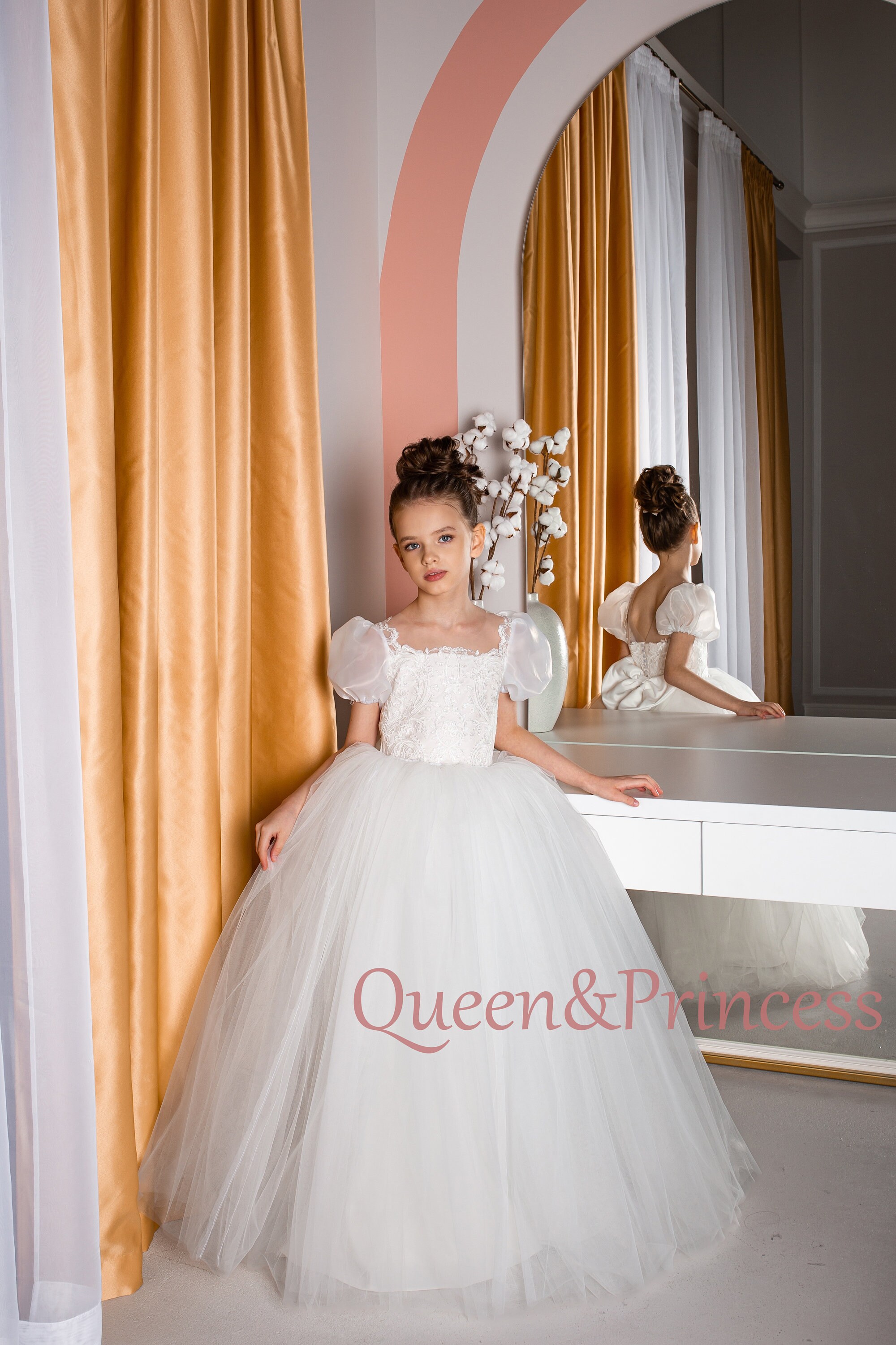 Lace Ivory Tulle Satin Sleeves Flower Girl Dress Detachable Train First Communion Dress Mini Bride Party Dress Etsy