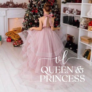 Flower girl dress tulle with train Halter neckline baby flower dress open back Special occasion toddler girl gown Girl dress for wedding