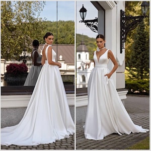 A-line wedding dress V-neck bridal gown sleeveless Satin wedding dress classic Ivory bridal gown open back Wedding dress long with train
