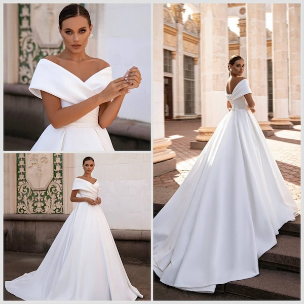 Half-Sleeves Satin Off-the-Shoulder Wedding Dress