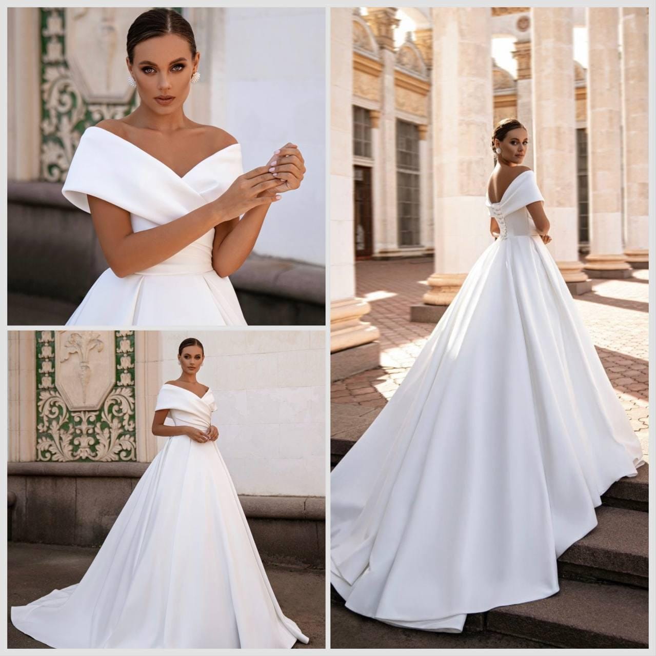 Off Shoulder Ivory Satin Wedding Dresses, Long Sleeves Bridal Gown Off Shoulder Ivory Satin Wedding Dresses, Long Sleeves Bridal Gown