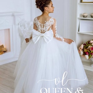 Ivory wedding girl dress Pageant girl dress Lace flower girl dress long sleeves Birthday photoshoot gown First communion baby girl dress