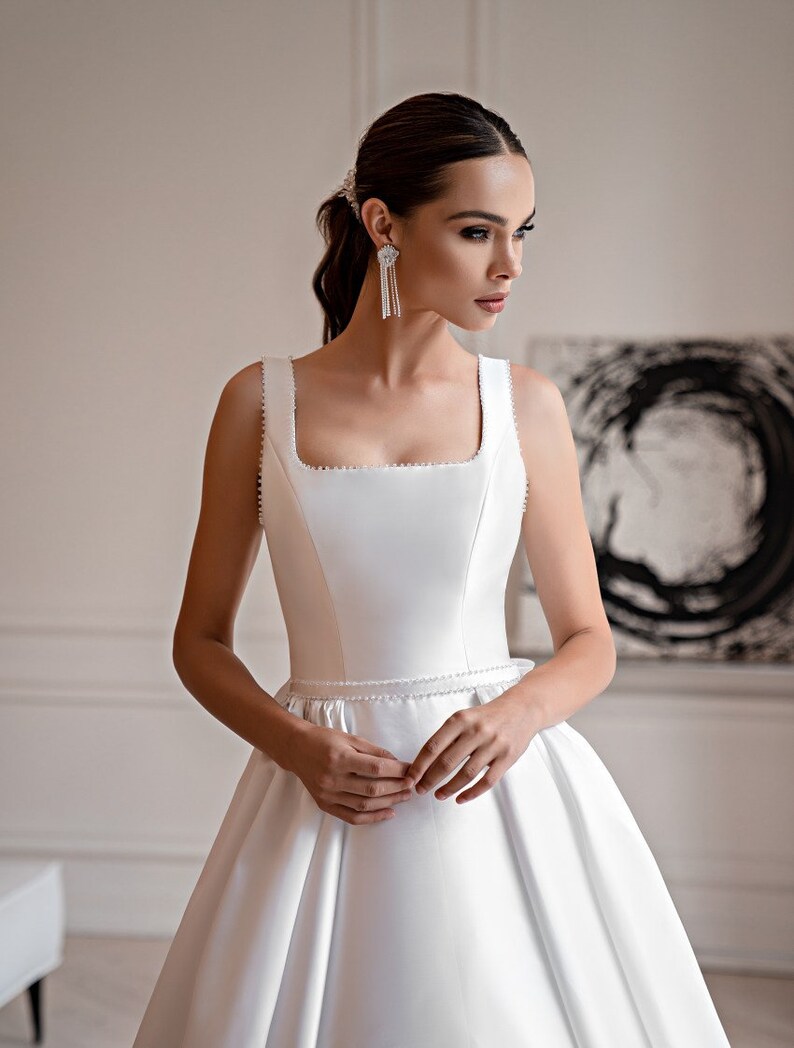 Simple Satin Bridal Gown – Floral Embroidery Long Train