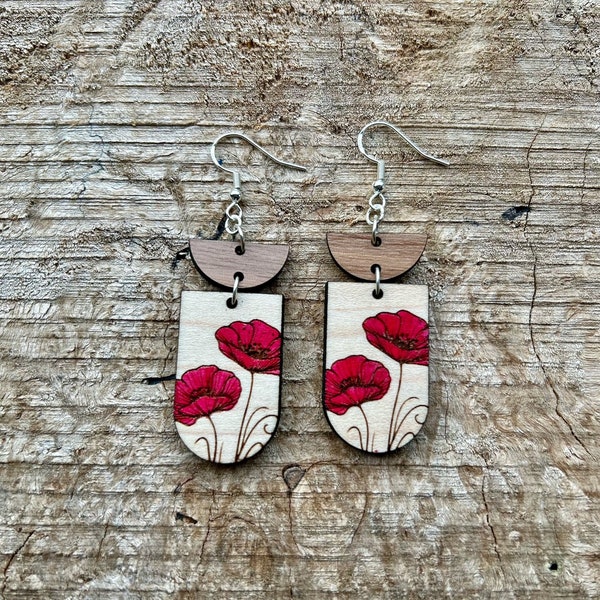 Red Poppy Earrings, Wooden Earrings, Walnut and Maple, Gifts for Mom, Her, Mother's Day Gifts, Dangle Earrings, Boho Jewelry, Garden Style