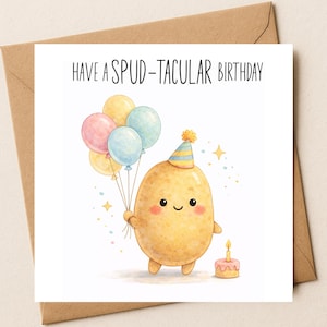 Kartoffel Geburtstagskarte: Wortspiel, Luftballons, Kuchen Illustration (15 x 15 cm)