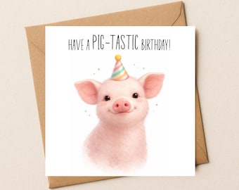 Tarjeta de cumpleaños de cerdito, cerdito en acuarela, gorro de fiesta, tarjeta de felicitación para amantes de los animales
