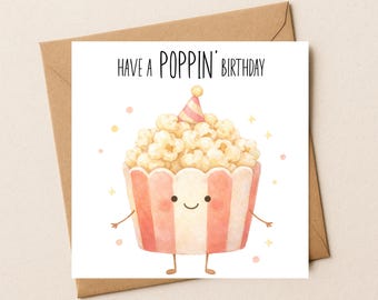 Funny Popcorn Birthday Card, Watercolor Pun Card for Friend, Film Lover Gift