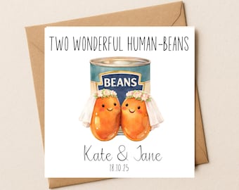 Personalised Lesbian Wedding Card: Two Human Beans Watercolour Design