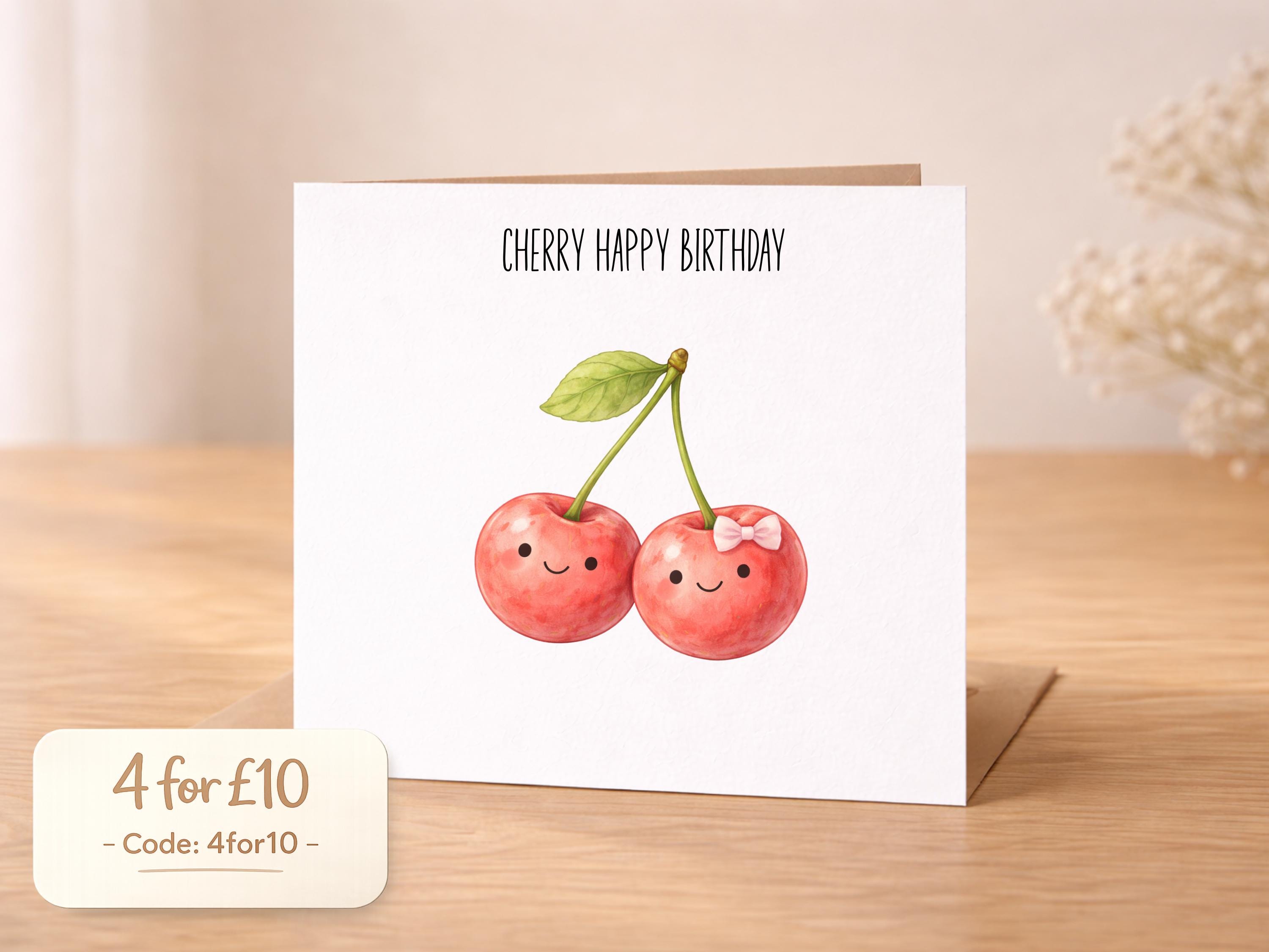 Cherry Happy Birthday Card – Playful Fruit Pun Greeting – for Her - Etsy