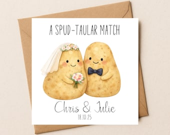 Cartão de casamento engraçado com tema de batata – Combinação perfeita – Casamento personalizado com nomes dos noivos e comida.