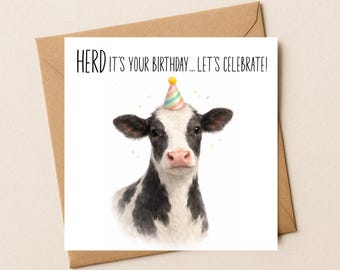 Watercolor Cow Birthday Card, Farm Animal Party Hat Greeting, Friend Celebration Greeting