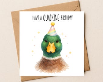 Funny Duck Birthday Card, Watercolour Animal Lover Greeting, Quacking Birthday Message