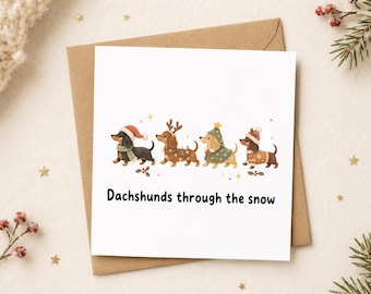 面白いダックスフンドのクリスマスカード – 雪の中のダックスフンド
