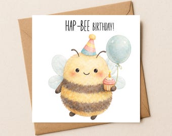 ミツバチの誕生日カード、水彩画のカップケーキ、動物好きへのグリーティングカード、友達へのカード