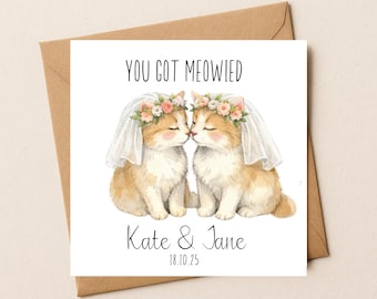 Tarjeta de boda personalizada con temática de gatos: gatitos en acuarela, nombres y fecha personalizados.