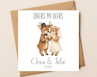Funny Deer Wedding Card – Cheers My Deers – Personalised Bride Groom Animal Wedding with Names