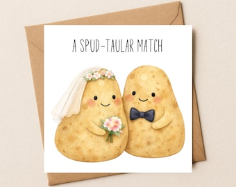 Cartão de Casamento "Spudtacular Match": Casal de Batatas, Mensagem de Aniversário (15 x 15 cm)