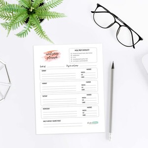 May include: A printable meal prep planner with a watercolor background. The planner includes a checklist, a section for daily meal plans, and a space for daily calorie goals. The text on the planner reads "meal prep planner" and "MEAL PREP CHECKLIST".