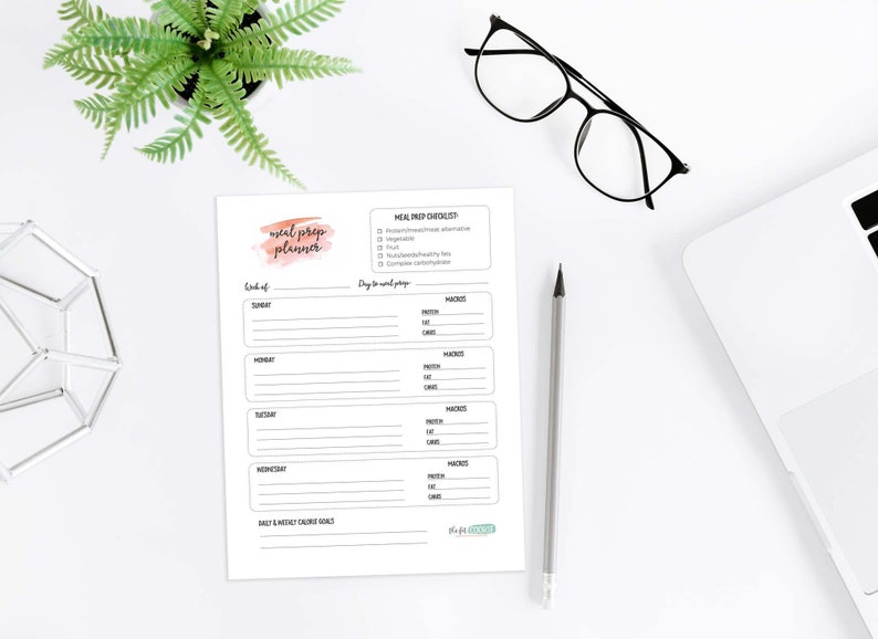 May include: A printable meal prep planner with a watercolor background. The planner includes a checklist, a section for daily meal plans, and a space for daily calorie goals. The text on the planner reads "meal prep planner" and "MEAL PREP CHECKLIST".