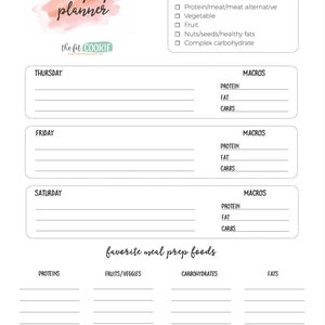 May include: A printable meal prep planner with a watercolor background. The planner includes a checklist for meal prep, a section for tracking macros, and a list for favorite meal prep foods.