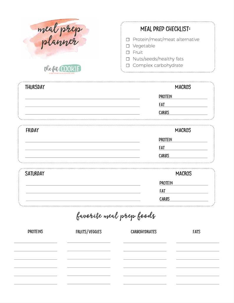 May include: A printable meal prep planner with a watercolor background. The planner includes a checklist for meal prep, a section for tracking macros, and a list for favorite meal prep foods.