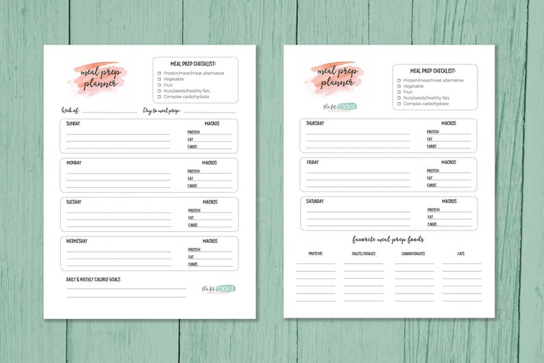 May include: A printable meal prep planner with a checklist for healthy meal prep. The planner includes sections for daily meal plans, macro tracking, and favorite meal prep foods.