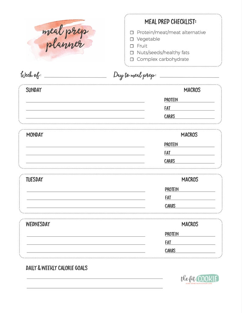 May include: A printable meal prep planner with a pink watercolor background. The planner includes a checklist for meal prep, a section for daily and weekly calorie goals, and a section for tracking macros for each day of the week.