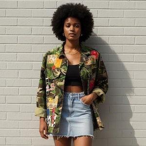 May include: A woman in a camouflage jacket with patches, a black crop top, and a denim skirt. She is wearing white trainers. The jacket features a green, brown, and tan pattern.